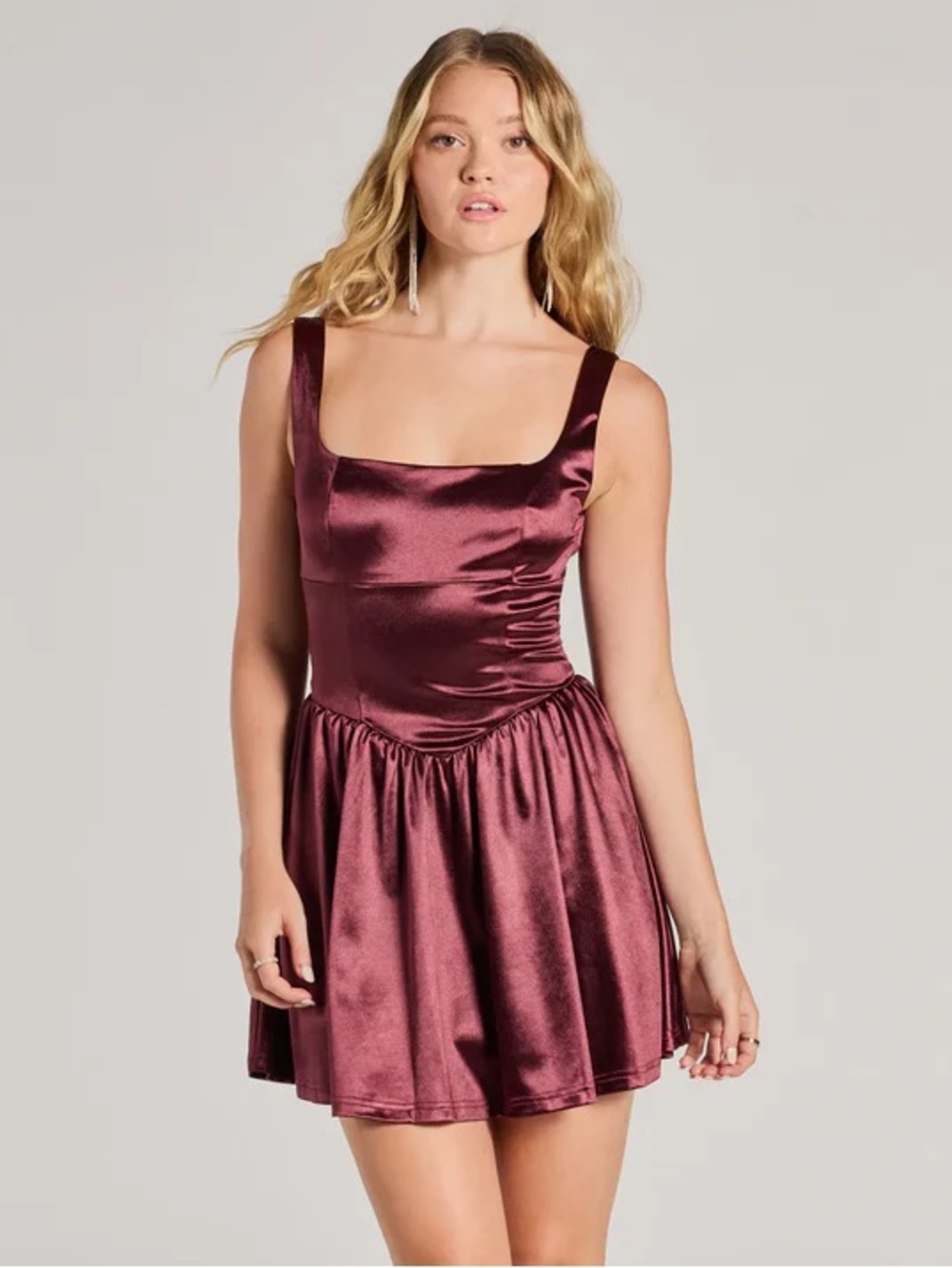 Windsor Charming Satin Square-Neck Mini Dress in Wine